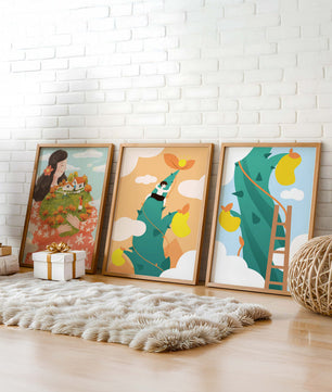 Ensemble de trois tableaux avec des illustrations colorées