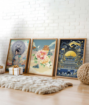 Triptyque d’Art Asiatique : Femme, Fleur et Pagode avec Éléments Dorés
