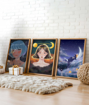 Tríptico De Retratos Ilustrados Con Elementos Astrales