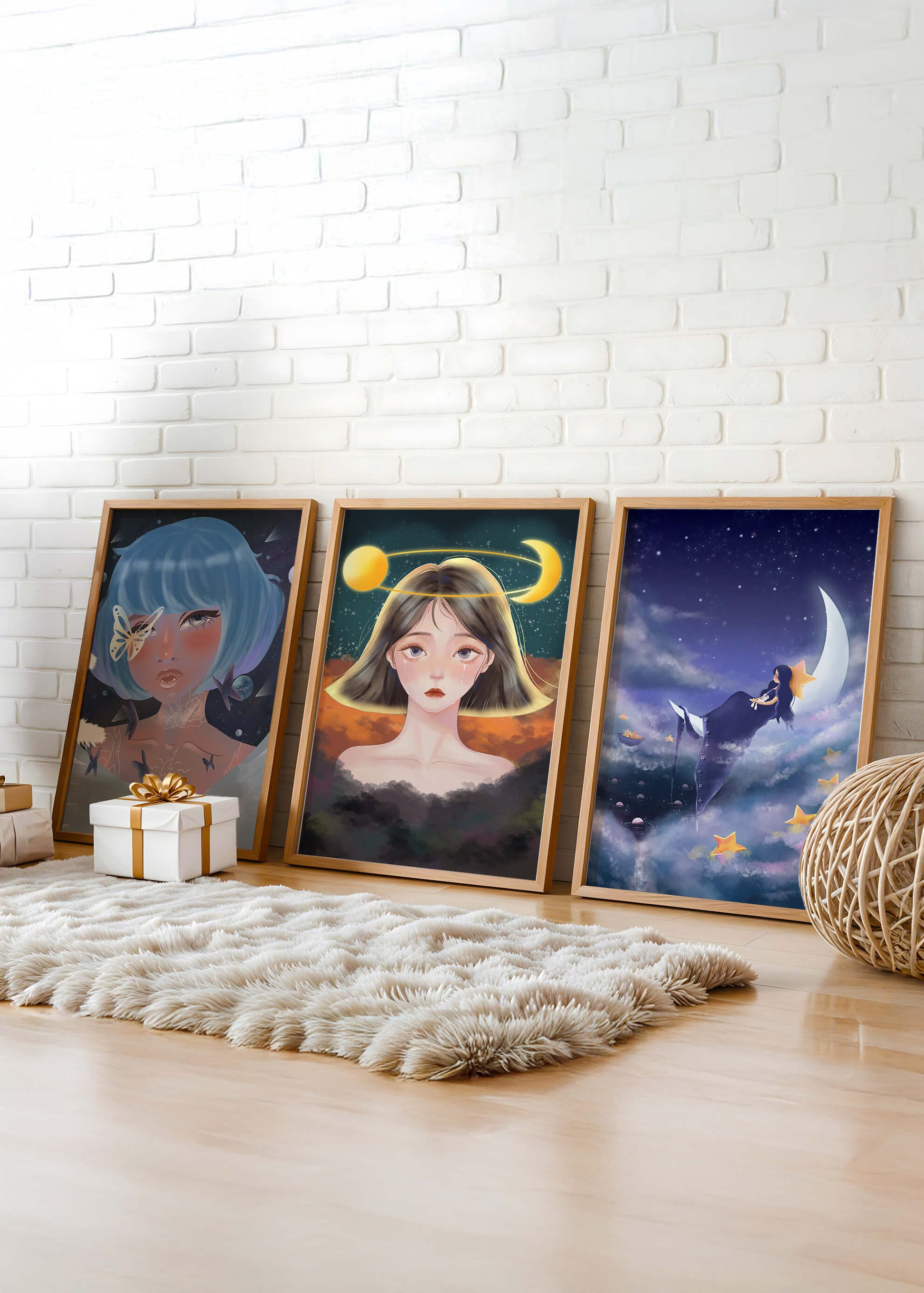 Tríptico De Retratos Ilustrados Con Elementos Astrales