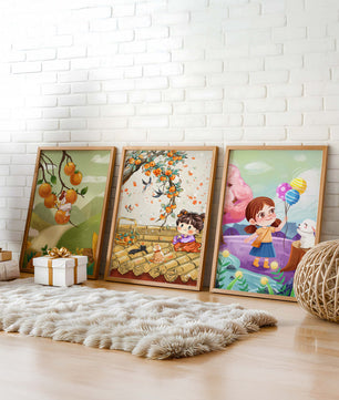 Ensemble de trois illustrations pour enfants avec des fruits et des animaux