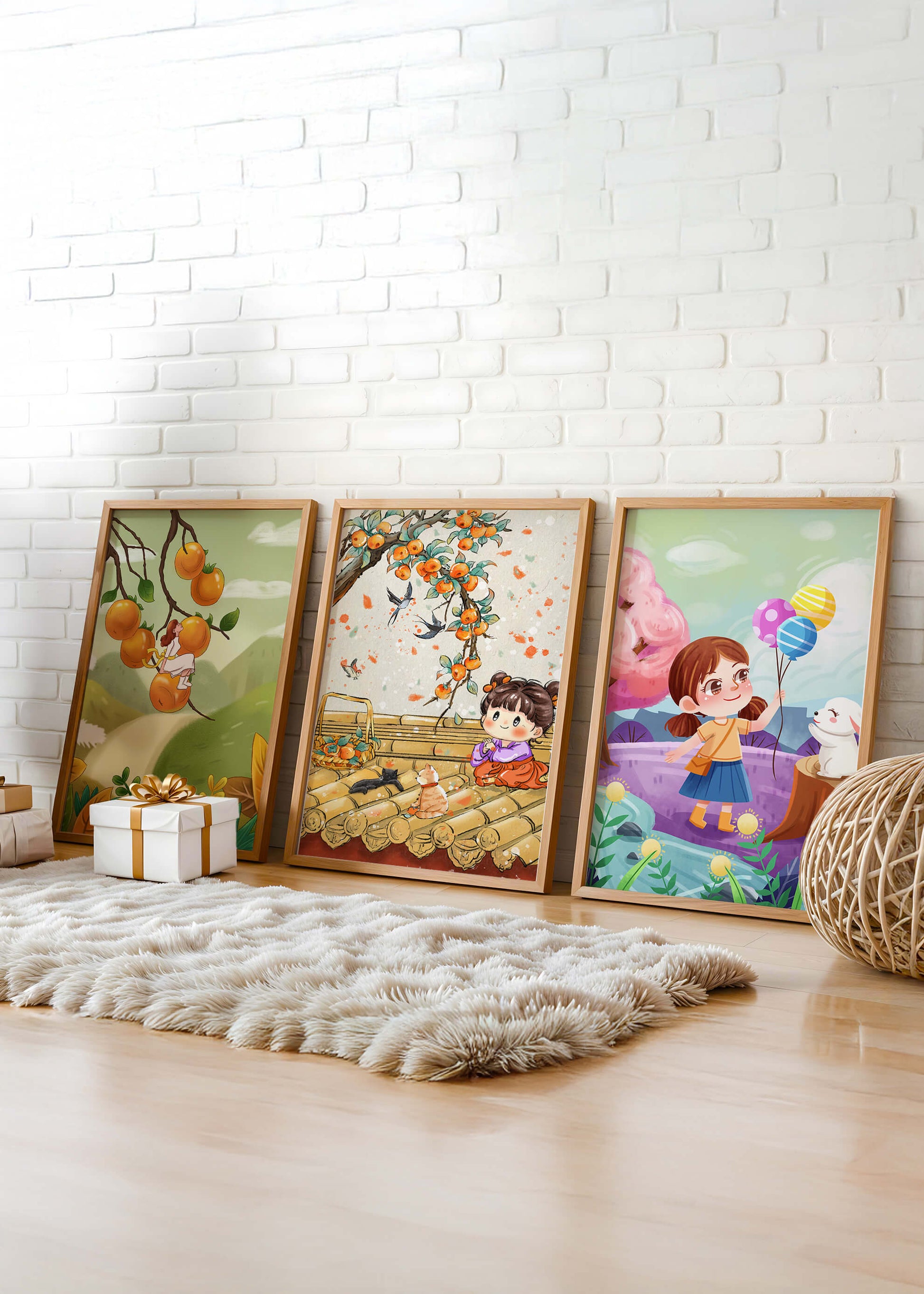 Ensemble de trois illustrations pour enfants avec des fruits et des animaux