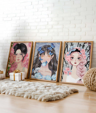 Pinturas De Retratos Femeninos Con Flores Y Mariposas