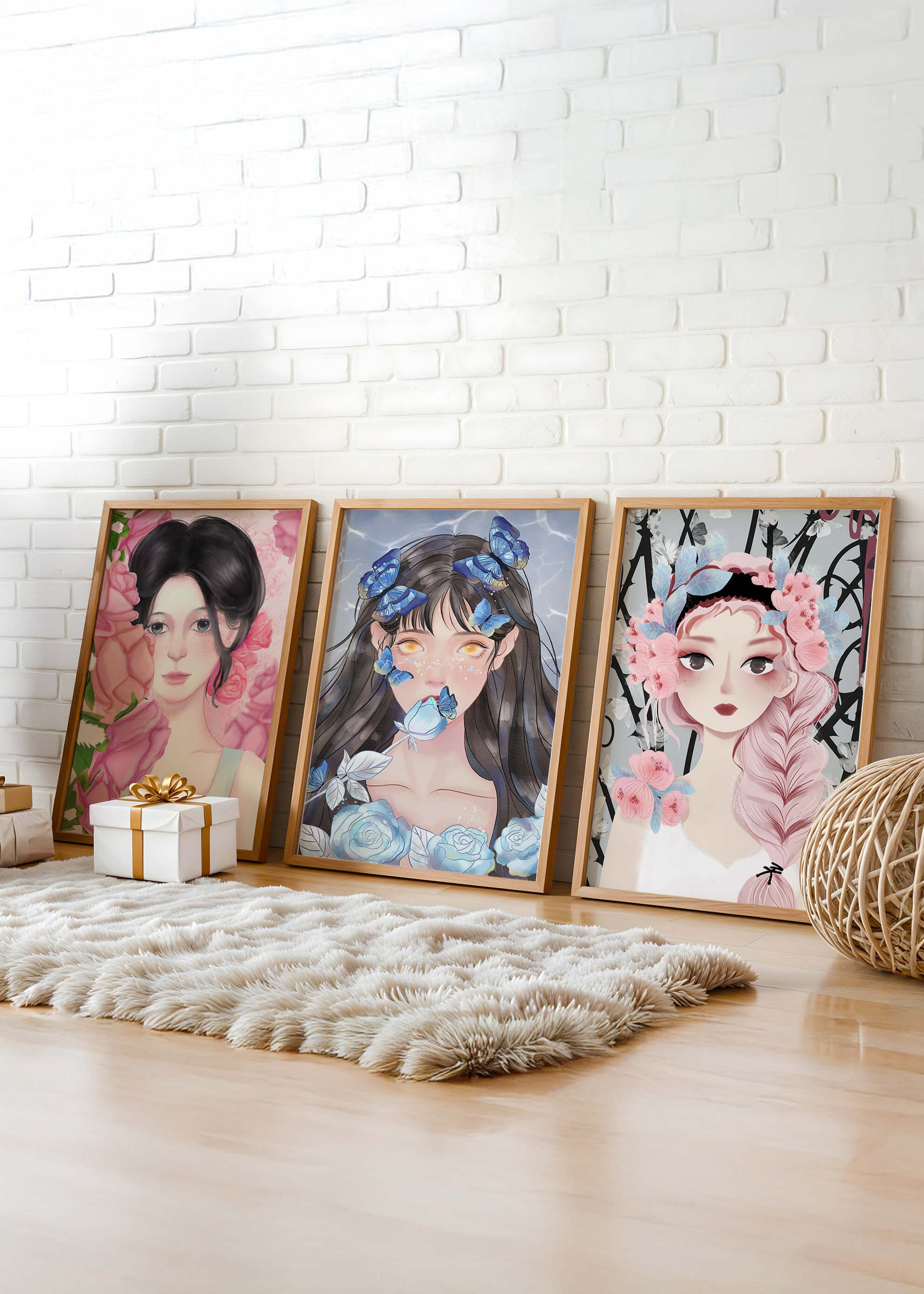 Pinturas De Retratos Femeninos Con Flores Y Mariposas