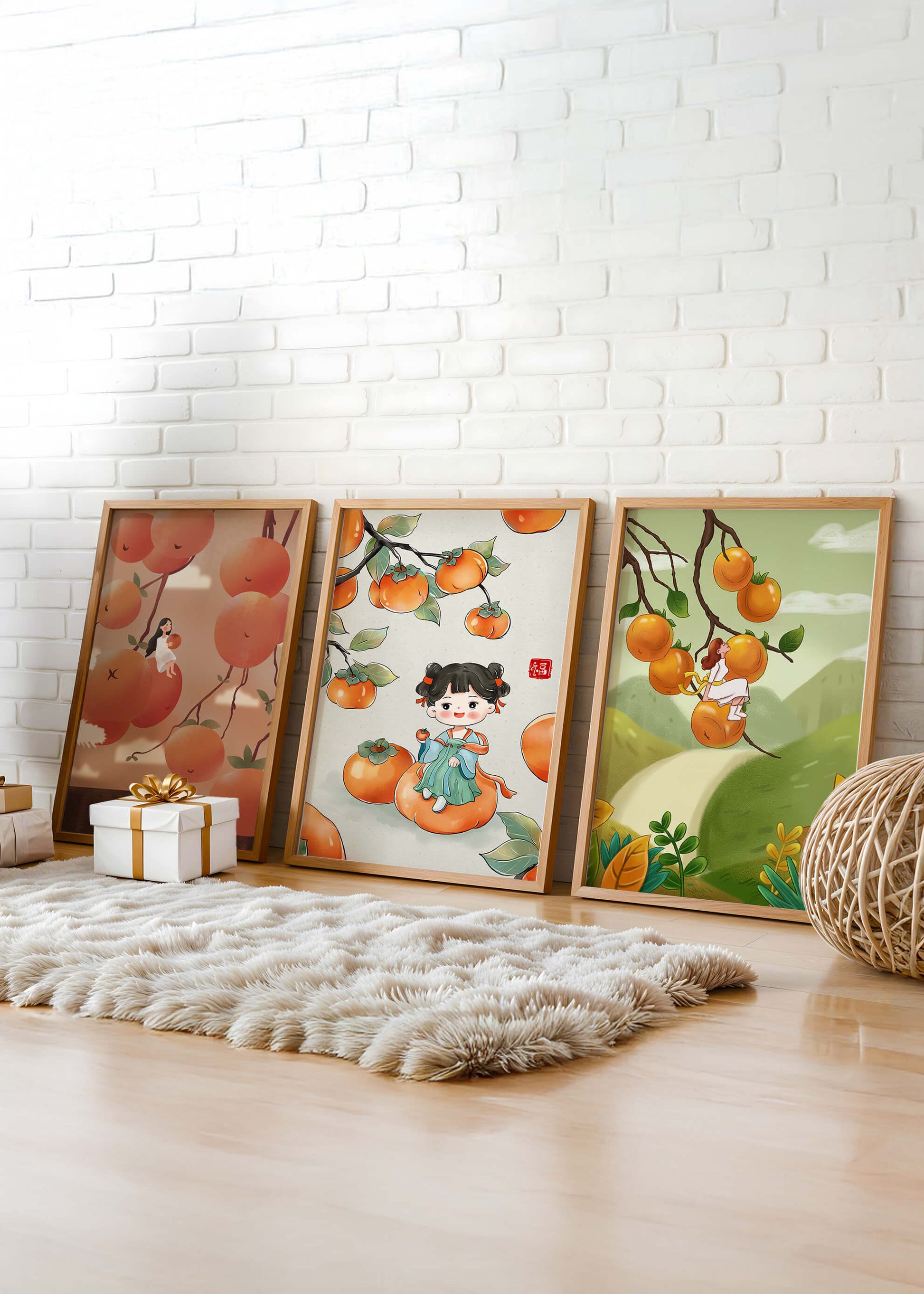 Illustrations de fruits avec des filles sur un fond en bois