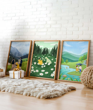 Set aus Drei Naturlandschaften mit Holzrahmen