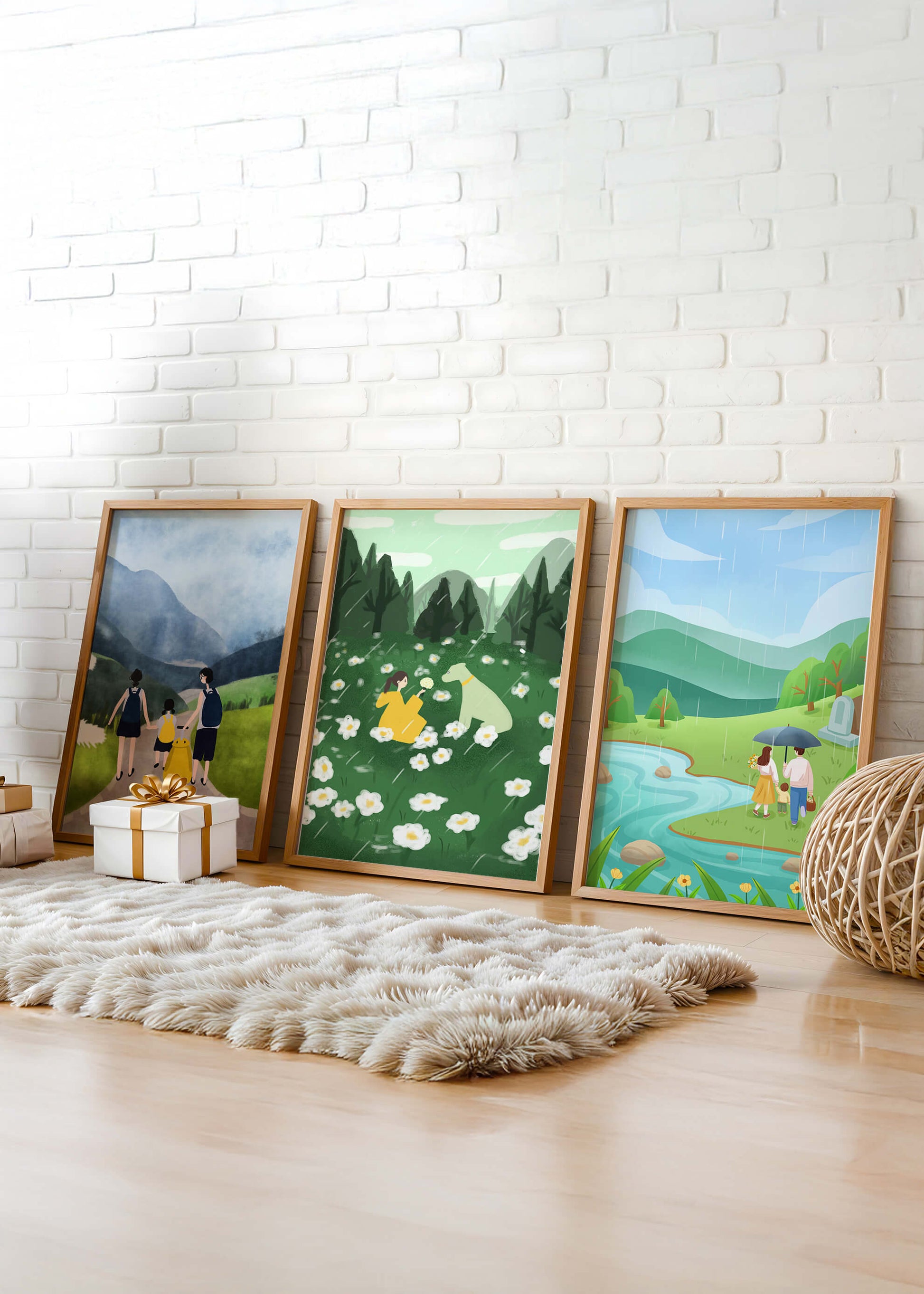 Set aus Drei Naturlandschaften mit Holzrahmen