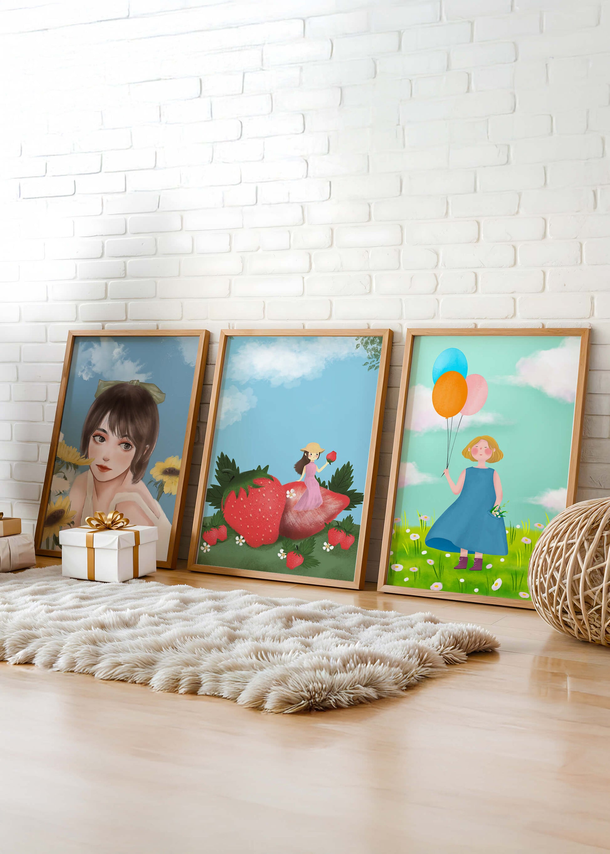 Tríptico de Ilustraciones en Marcos de Madera