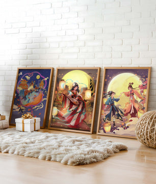 Triptyque de posters à thème oriental et pleine lune