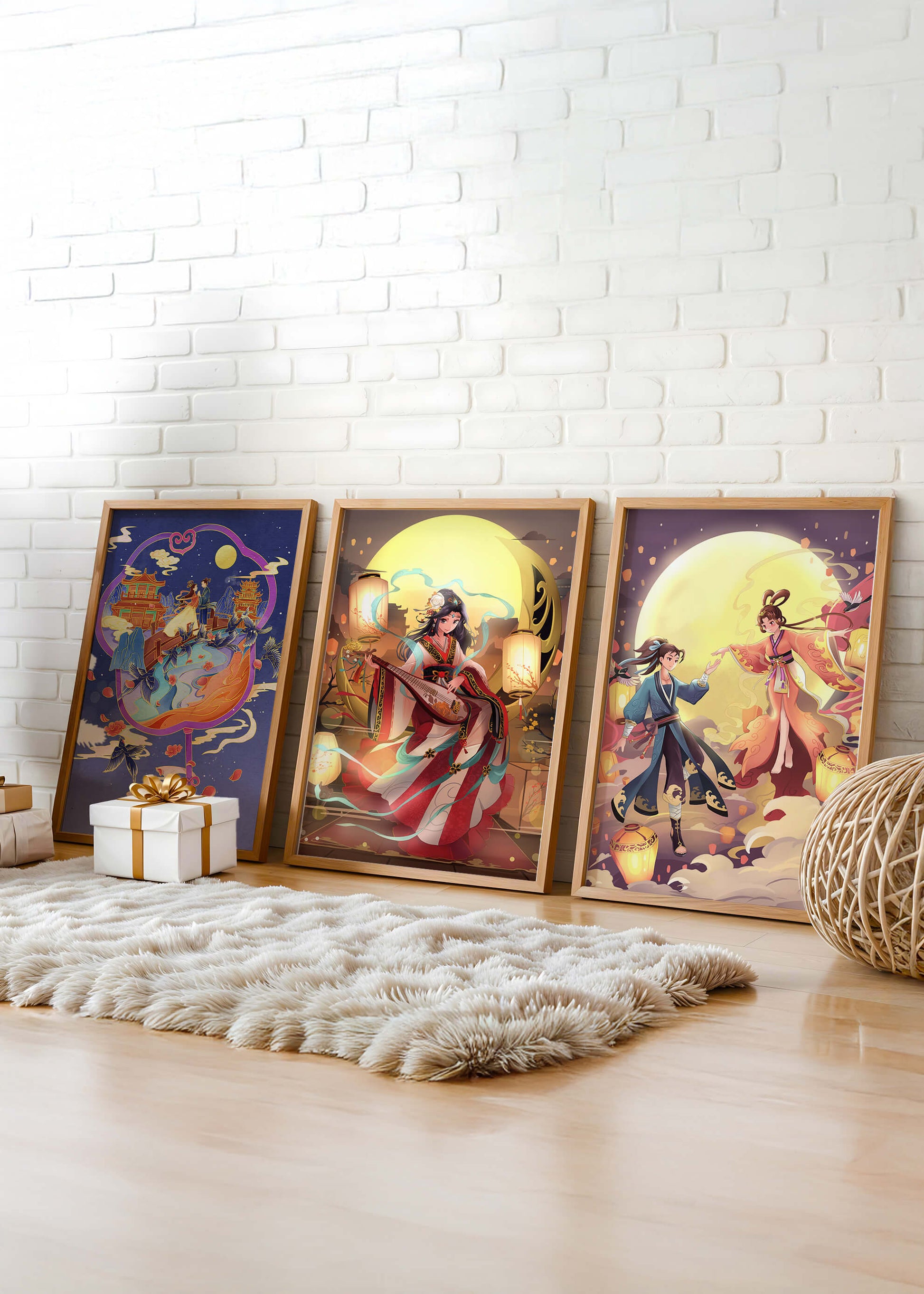 Triptyque de posters à thème oriental et pleine lune