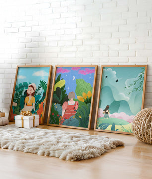 Ensemble de trois œuvres d'art colorées avec des paysages naturels et des figures humaines
