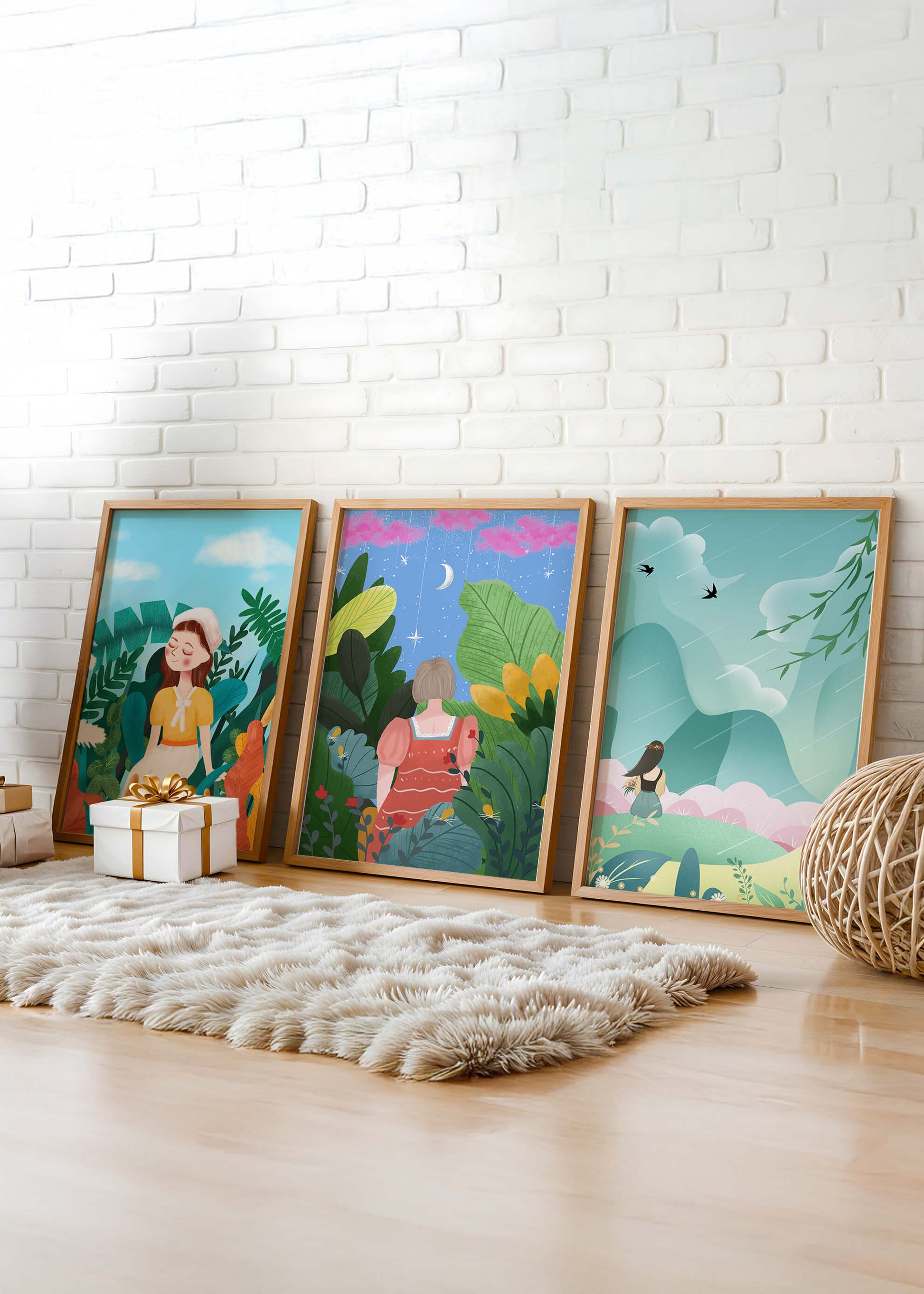 Conjunto De Tres Obras De Arte Coloridas Con Paisajes Naturales Y Figuras Humanas