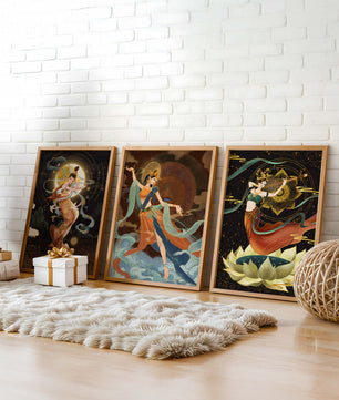 Art de divinités mythologiques dans un style oriental avec des détails dorés