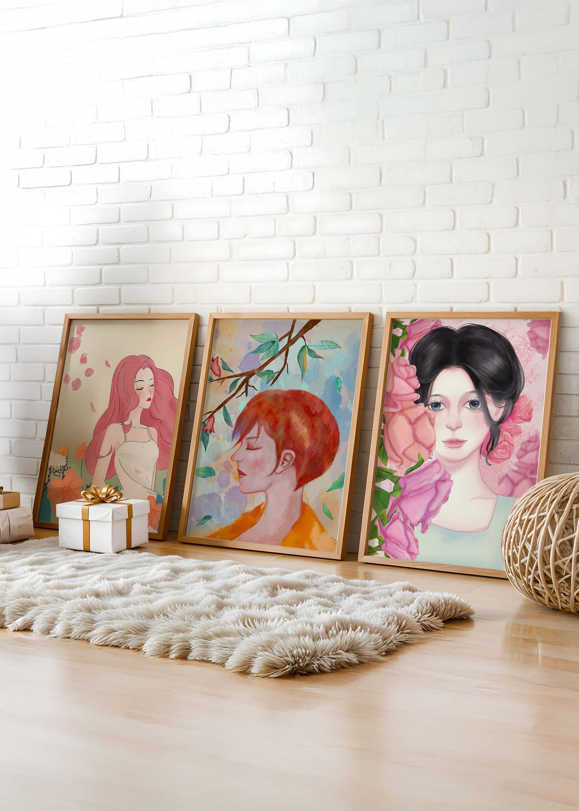 Peintures modernes de femmes avec fleurs en décoration intérieure