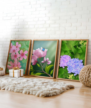 Ensemble de tableaux avec fleurs roses, papillon et hortensias