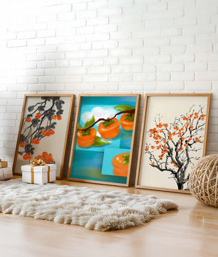 Tableaux avec motifs de kakis dans des tons orange et bleu