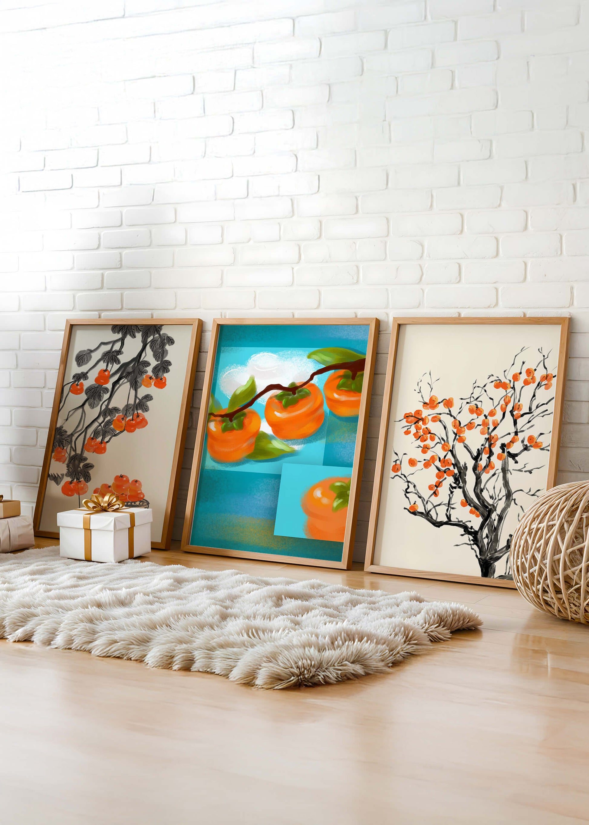 Cuadros Con Motivos De Caquis En Tonos Naranjas Y Azules