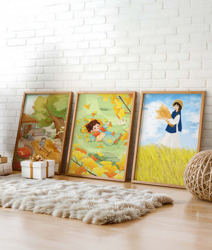 Triptyque d’illustrations d’automne avec des enfants et des paysages