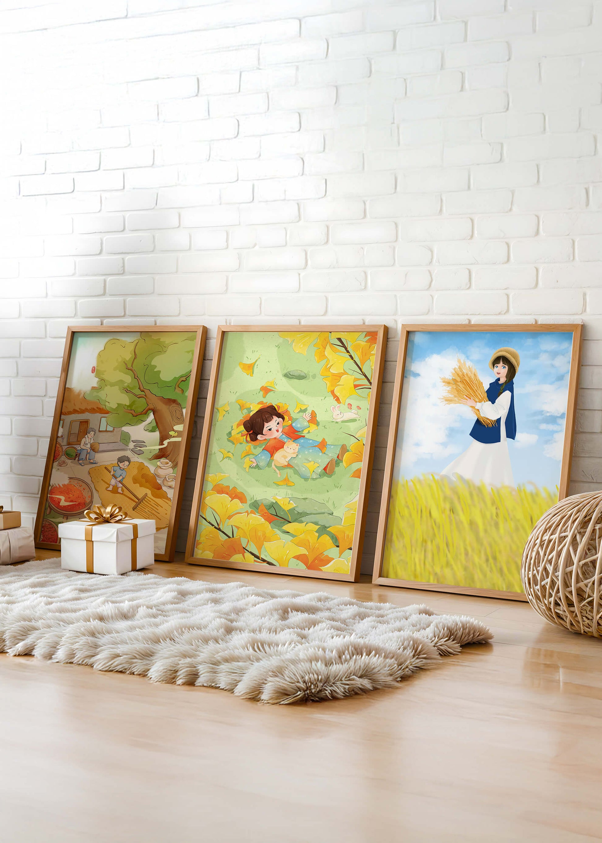 Tríptico de Ilustraciones de Otoño con Niños y Paisajes