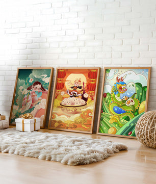 Tableaux pour enfants au style animé avec des personnages et des dragons