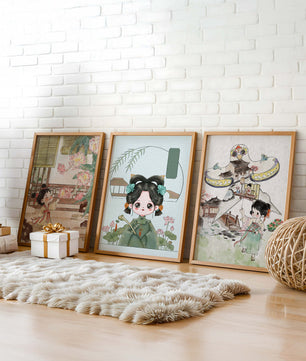 Illustrations de style oriental avec des personnages enfantins