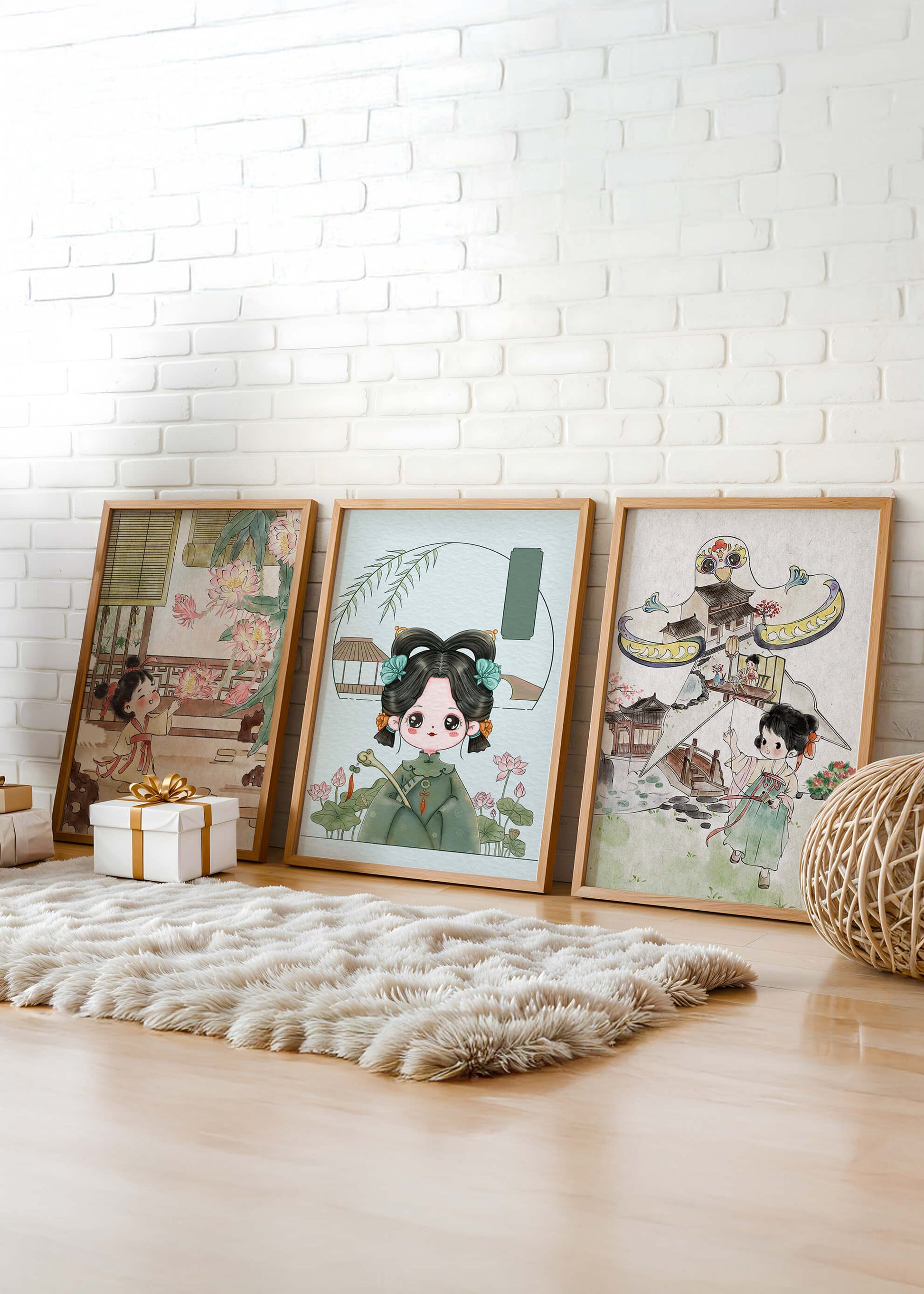 Illustrations de style oriental avec des personnages enfantins