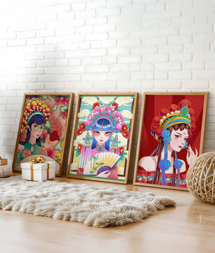Bunte Postermotive im asiatischen Stil für modernes Interieur