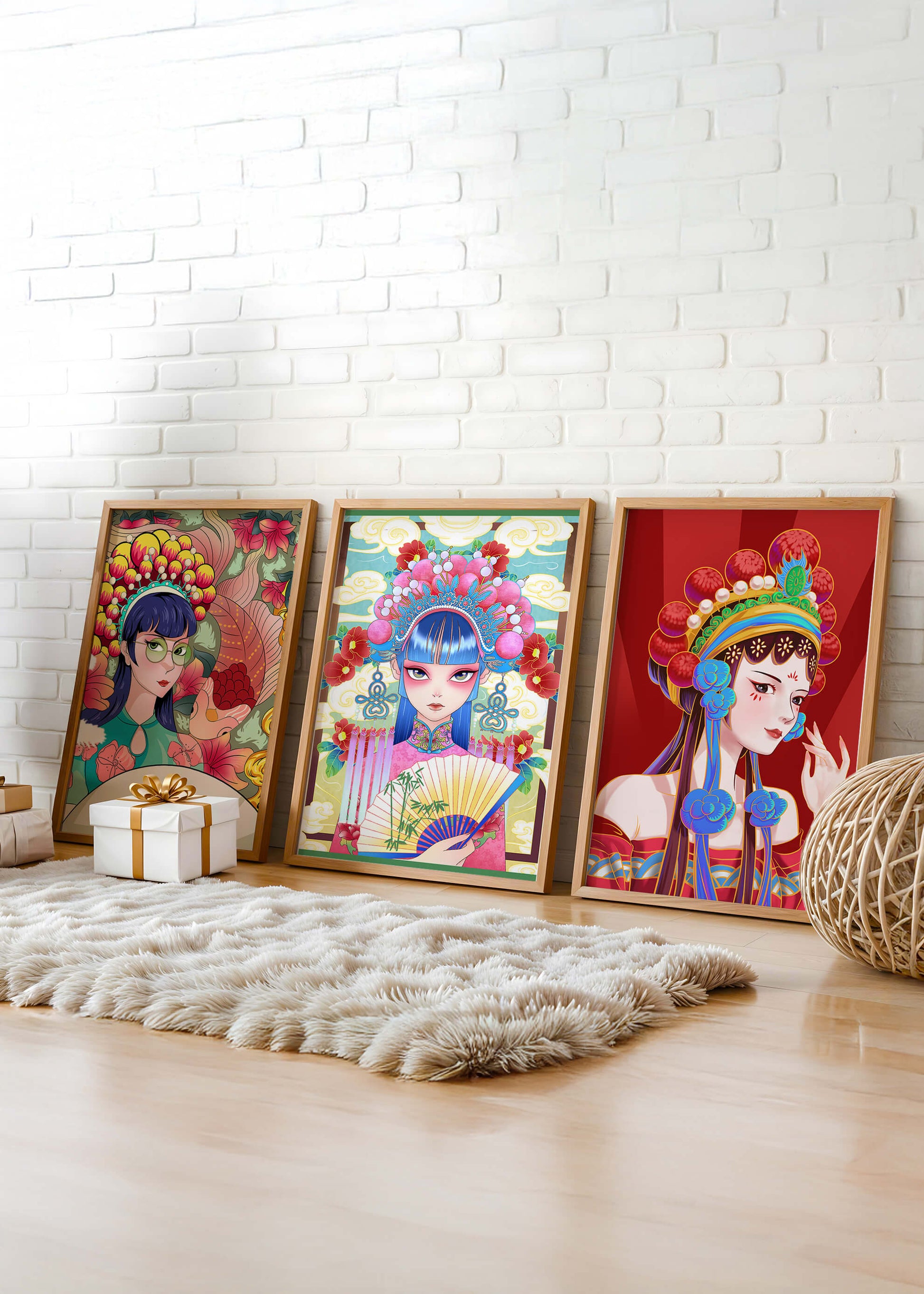 Bunte Postermotive im asiatischen Stil für modernes Interieur