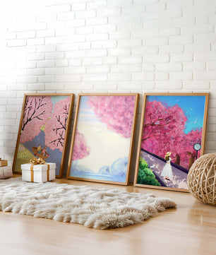 Ensemble de trois œuvres d'art avec des cerisiers