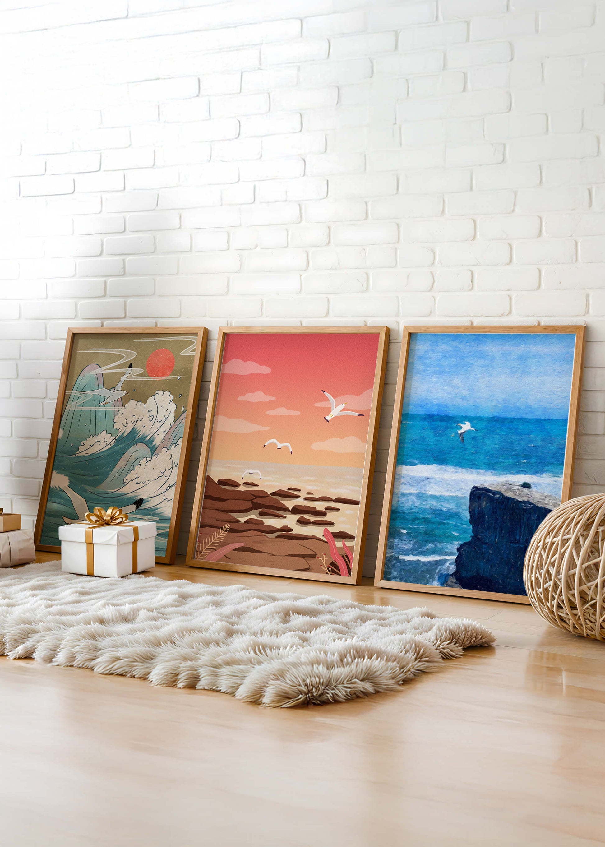 Tríptico de Paisajes Marinos con Aves