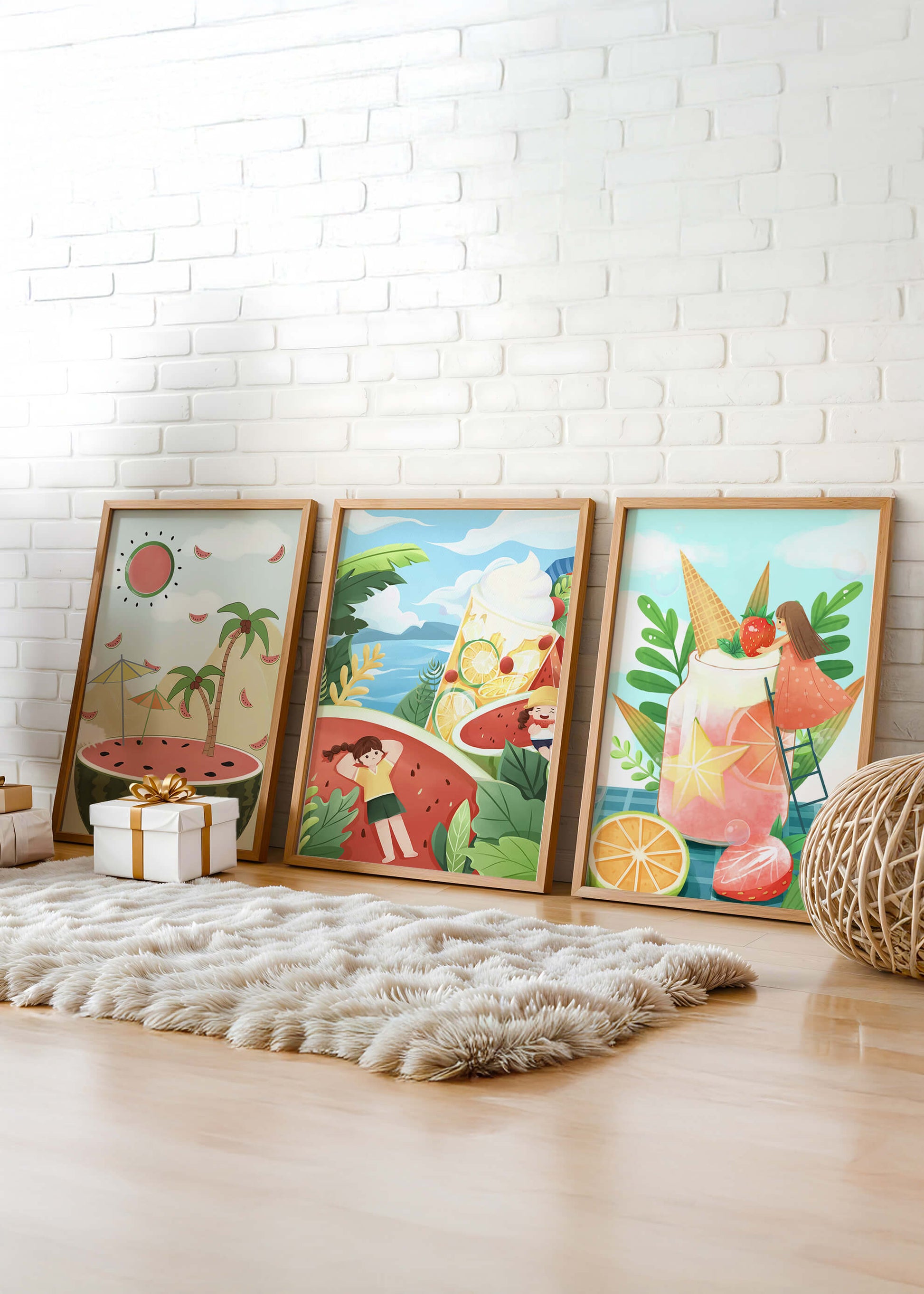 Conjunto de Ilustraciones Veraniegas con Frutas y Escenas Tropicales