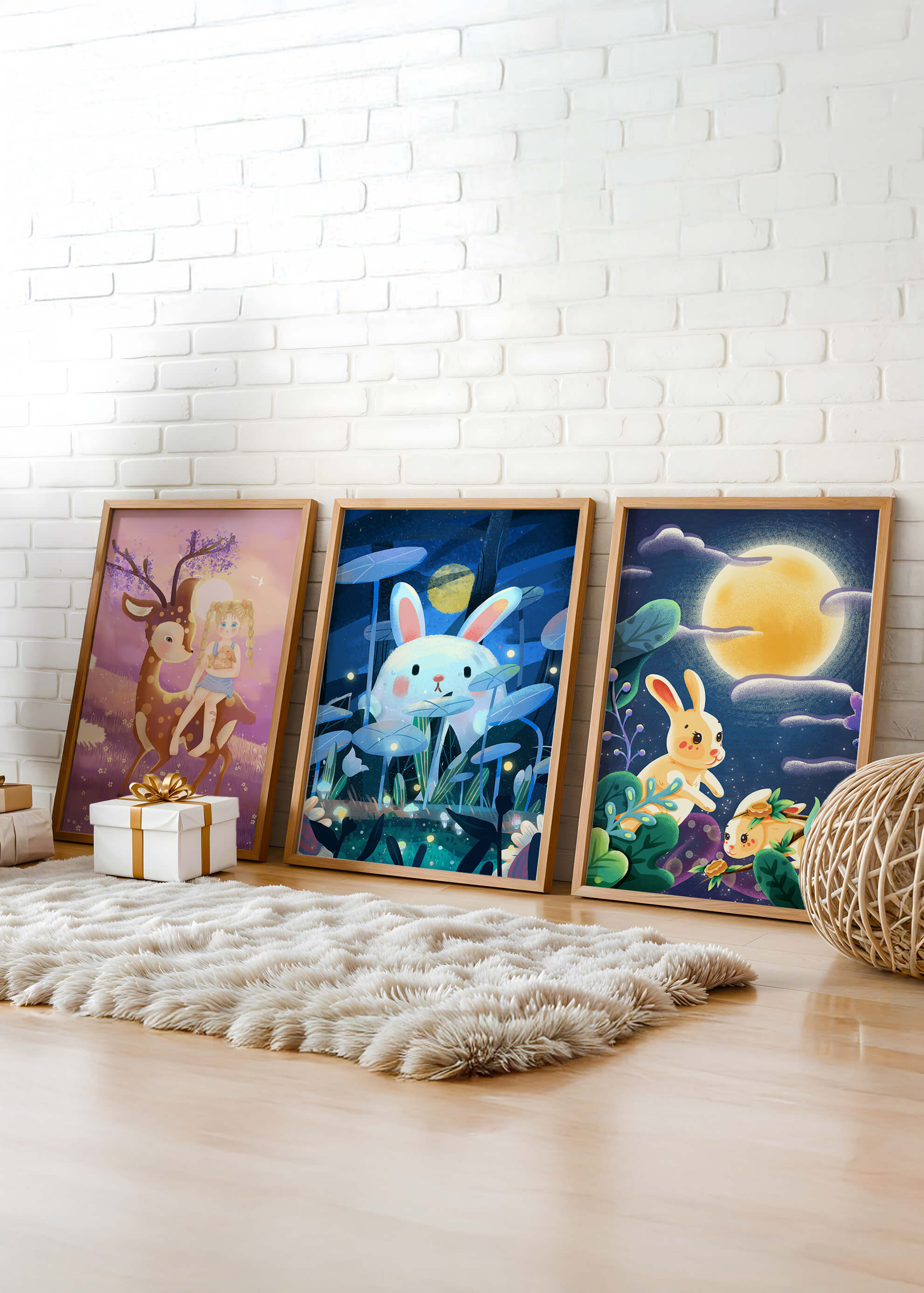 Conjunto de Lienzos Infantiles con Animales y Paisajes Fantásticos