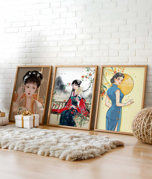 Art numérique avec motifs asiatiques et illustrations de femmes