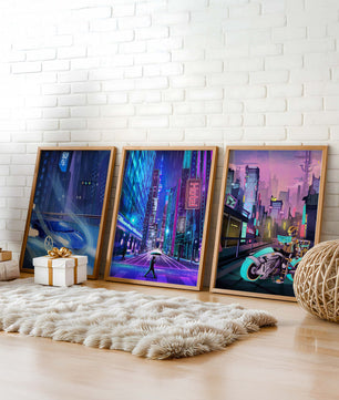 Ensemble d’impressions d’art futuriste avec des villes et des véhicules