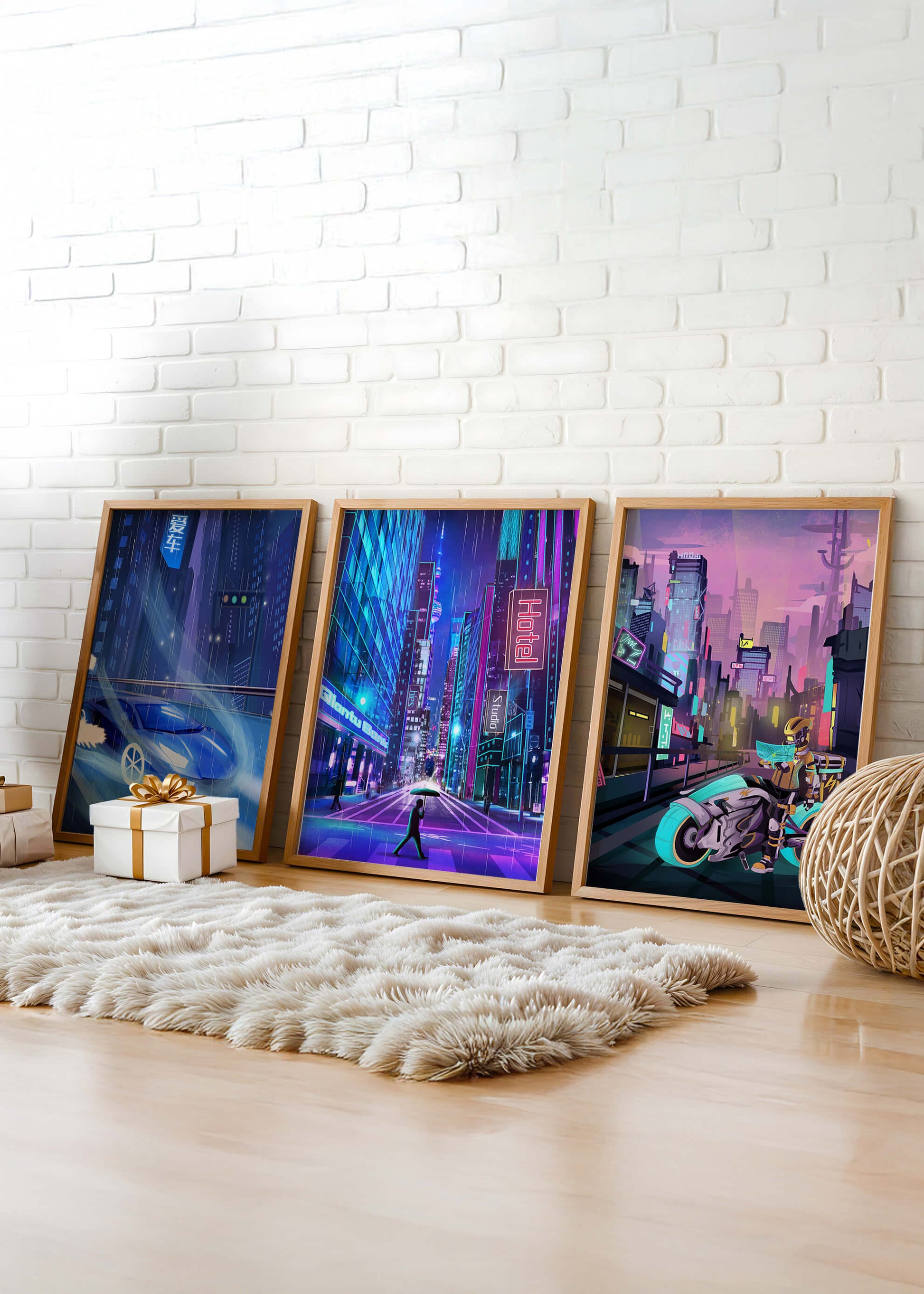 Ensemble d’impressions d’art futuriste avec des villes et des véhicules