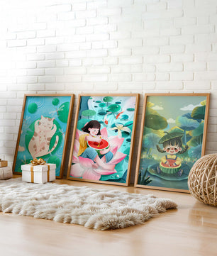 Illustrations colorées avec chat et enfants dans un paysage naturel
