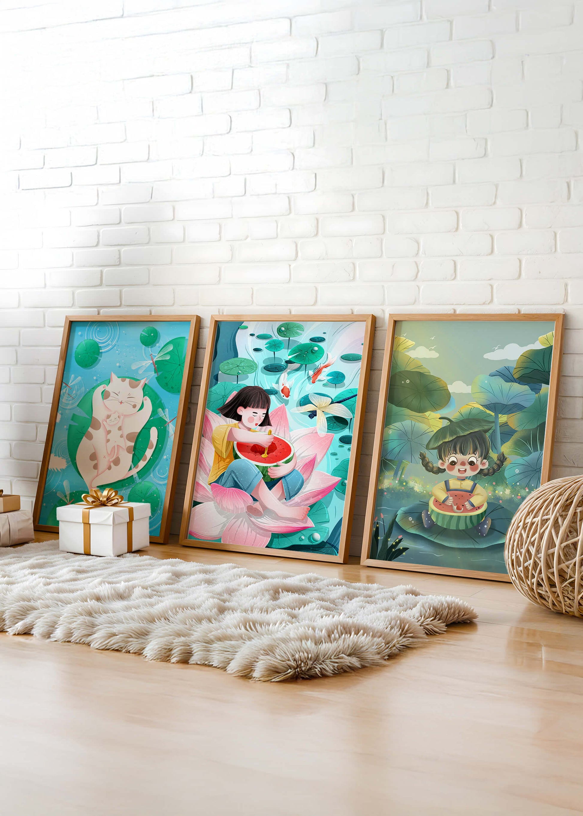 Illustrations colorées avec chat et enfants dans un paysage naturel