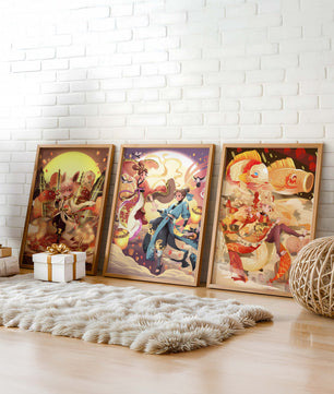 Triptyque d'art fantastique avec des personnages imaginaires