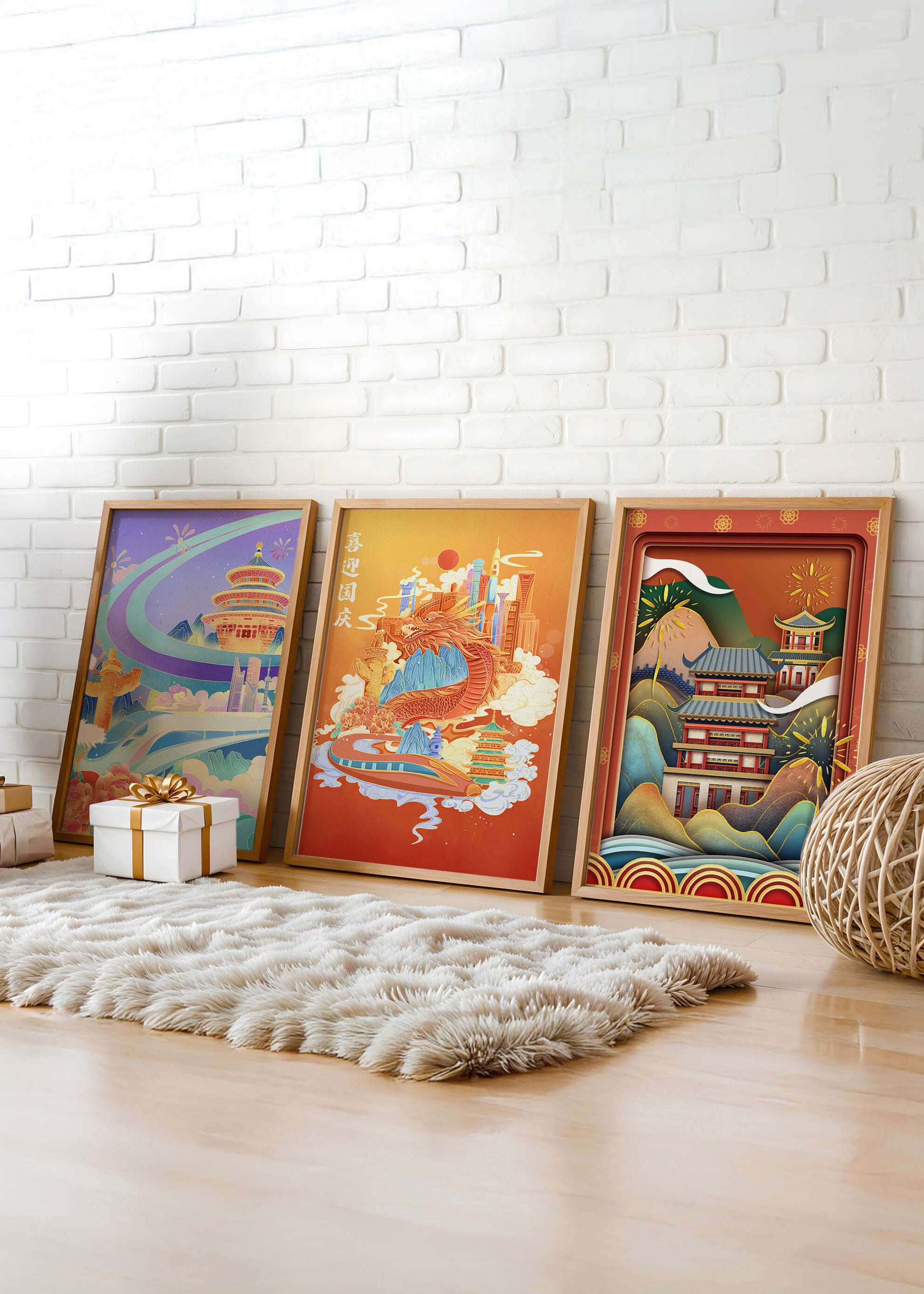 Piezas de Arte Cultural con Elementos Asiáticos y Motivos Tradicionales