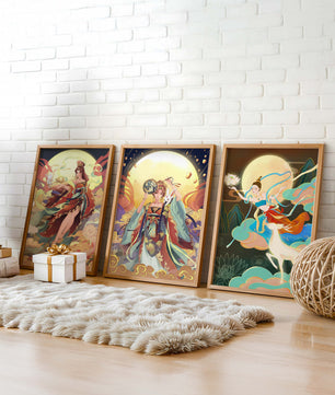 Ostasiatische Dekorative Kunst mit goldenen Elementen in einem Dreierset