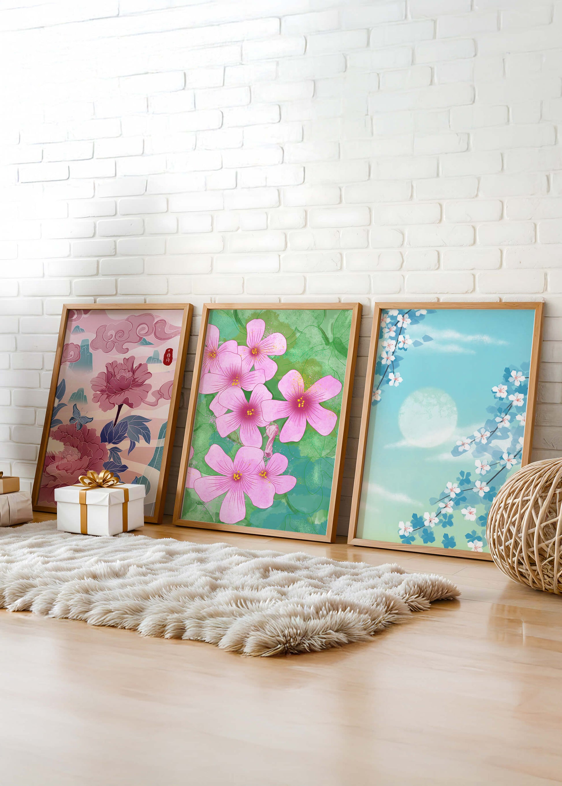 Buntes florales Triptychon mit Naturinspirationen