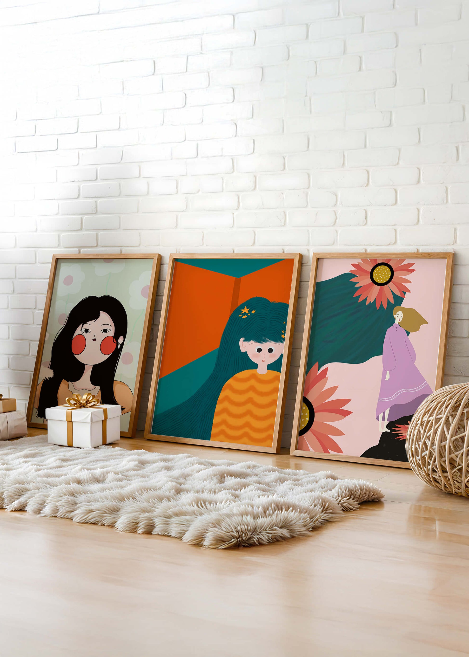 Drei moderne Illustrationen mit weiblichen Porträts und Blumenmotiven