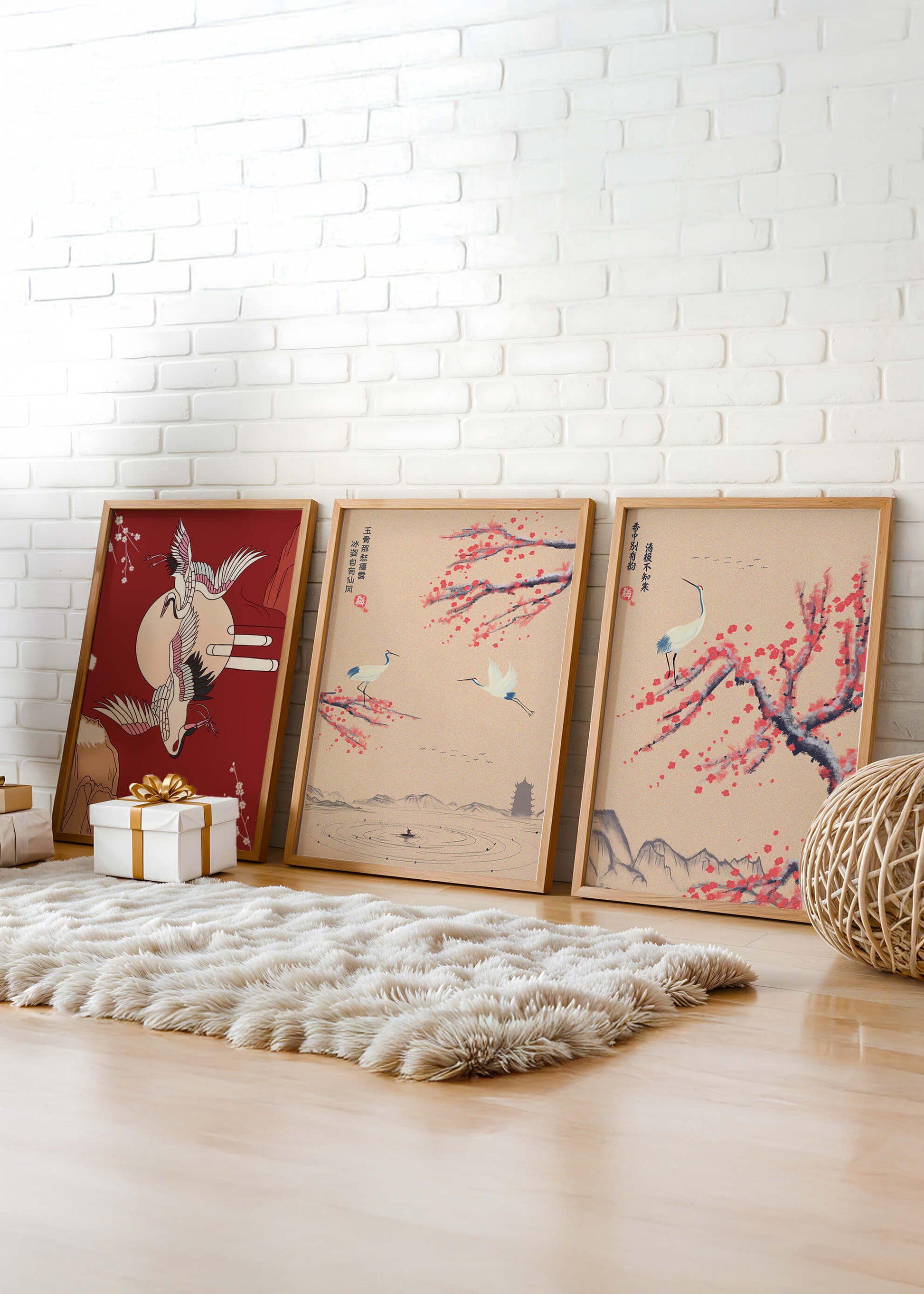 Ensemble de trois toiles avec grues et motifs naturels dans un style asiatique