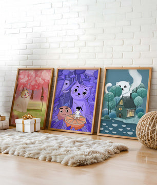 Triptyque d’illustrations de chats dans des paysages magiques