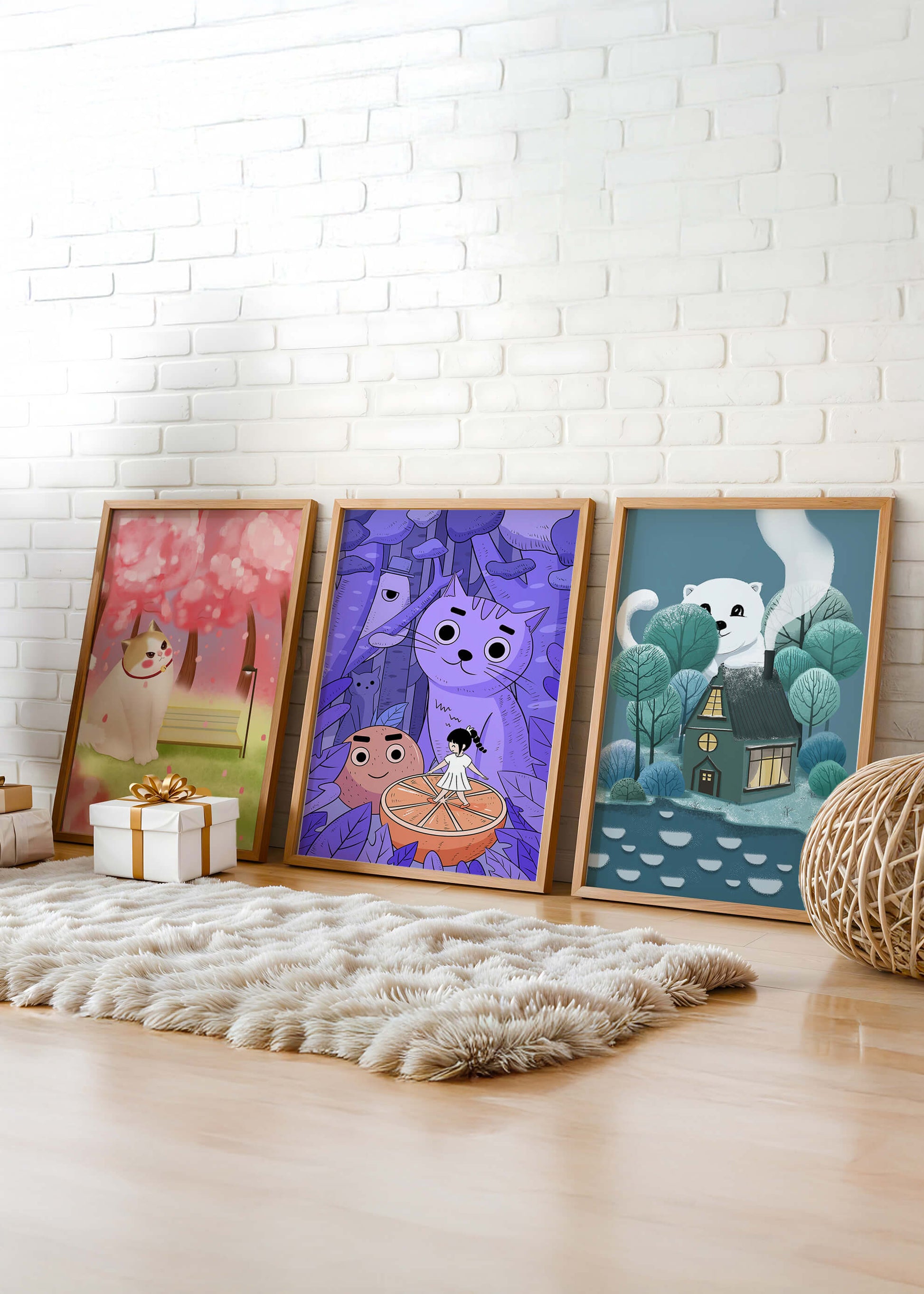 Triptyque d’illustrations de chats dans des paysages magiques