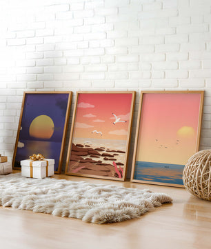 Ensemble de tableaux avec des paysages au coucher et au lever du soleil