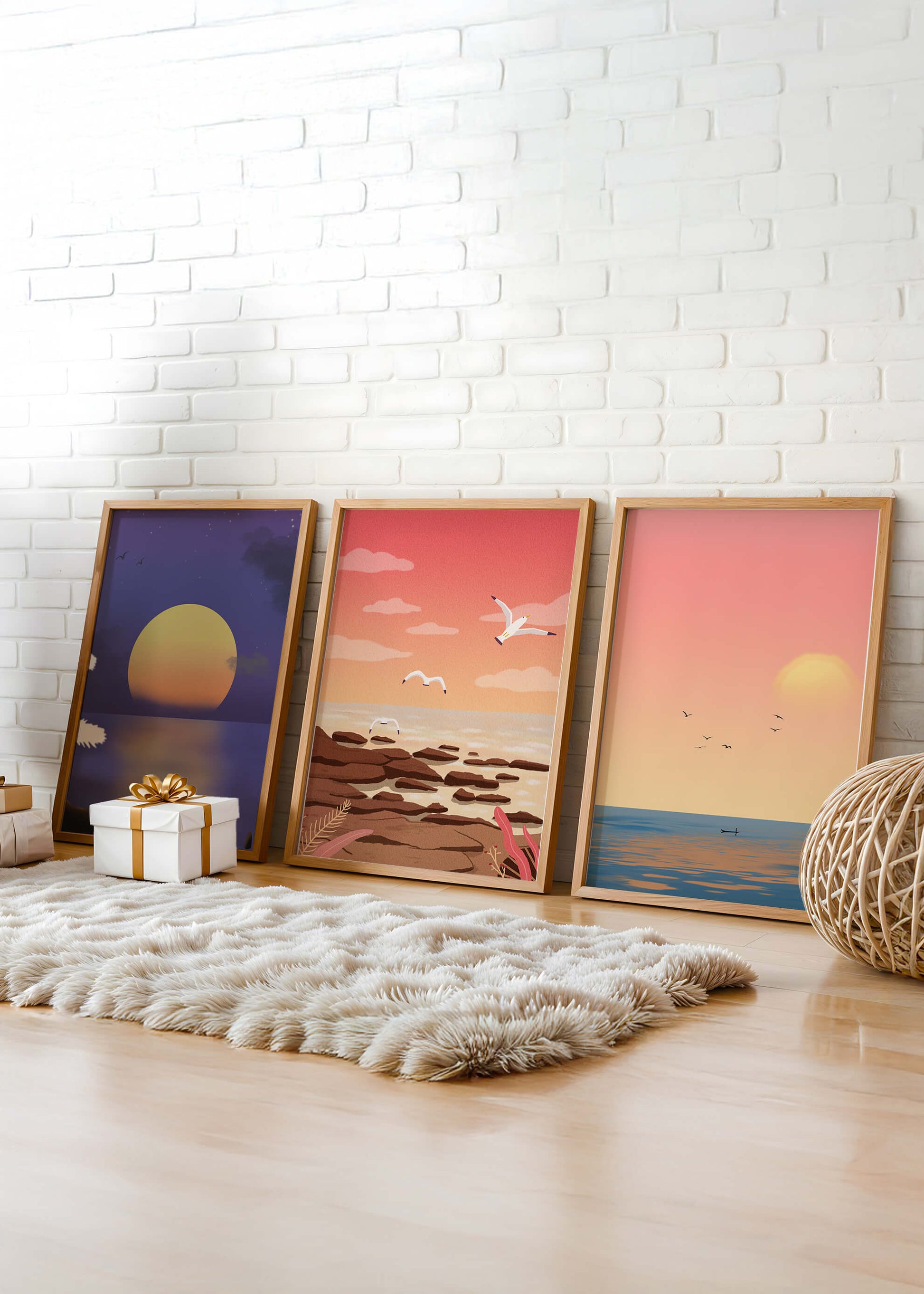 Ensemble de tableaux avec des paysages au coucher et au lever du soleil