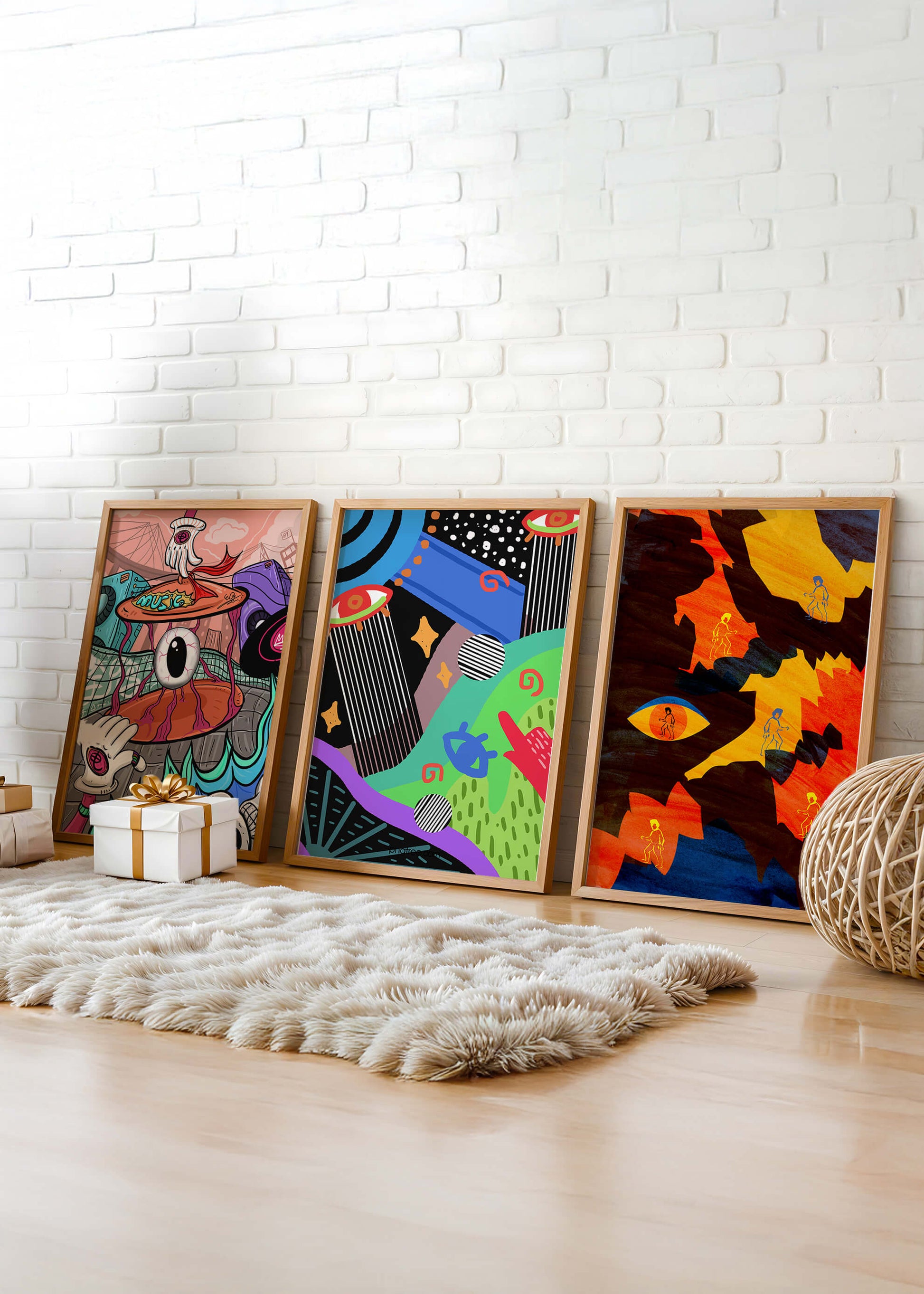 Tríptico de Arte Contemporáneo sin Marco con Estilo Pop y Abstracto