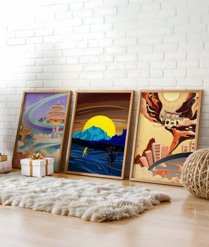 Set aus abstrakter Kunst mit Landschaften und modernem Design