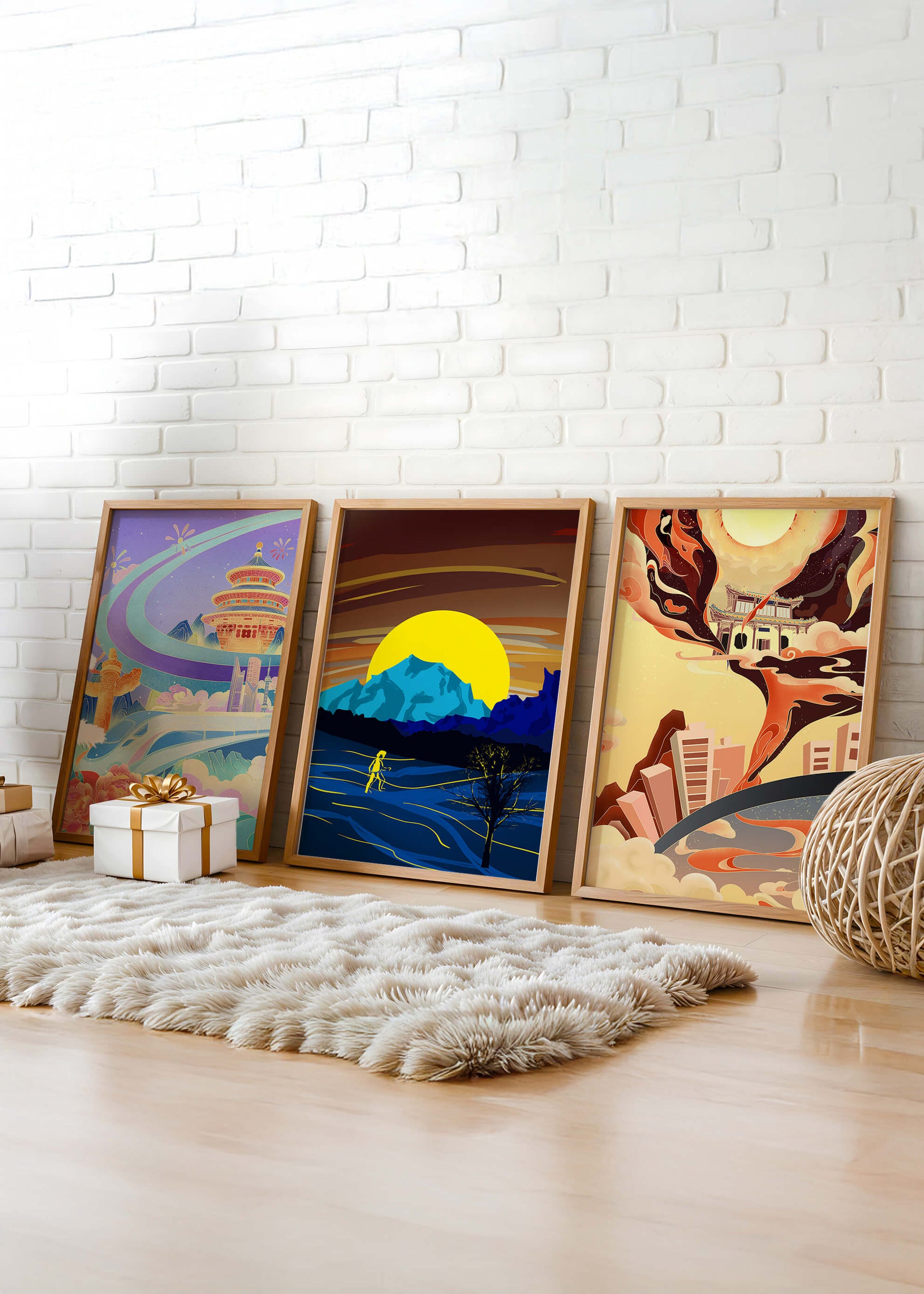 Set aus abstrakter Kunst mit Landschaften und modernem Design